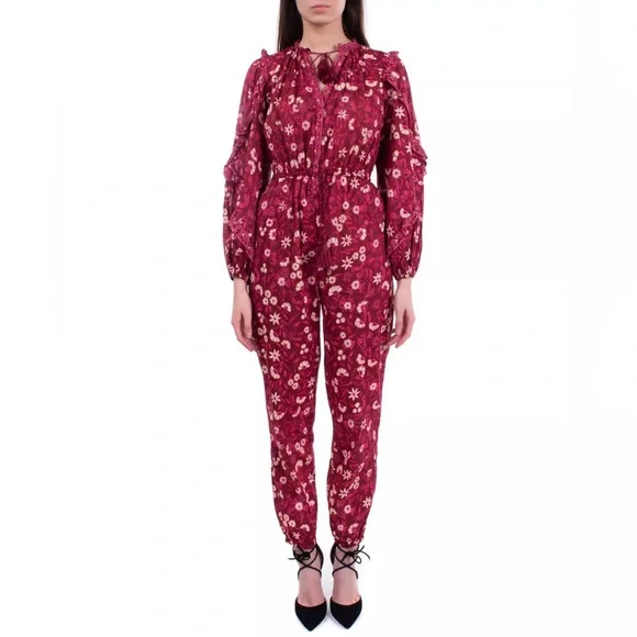ULLA JOHNSON Delphine Burgundy Floral Printed Scoop Neck Jumpsuit